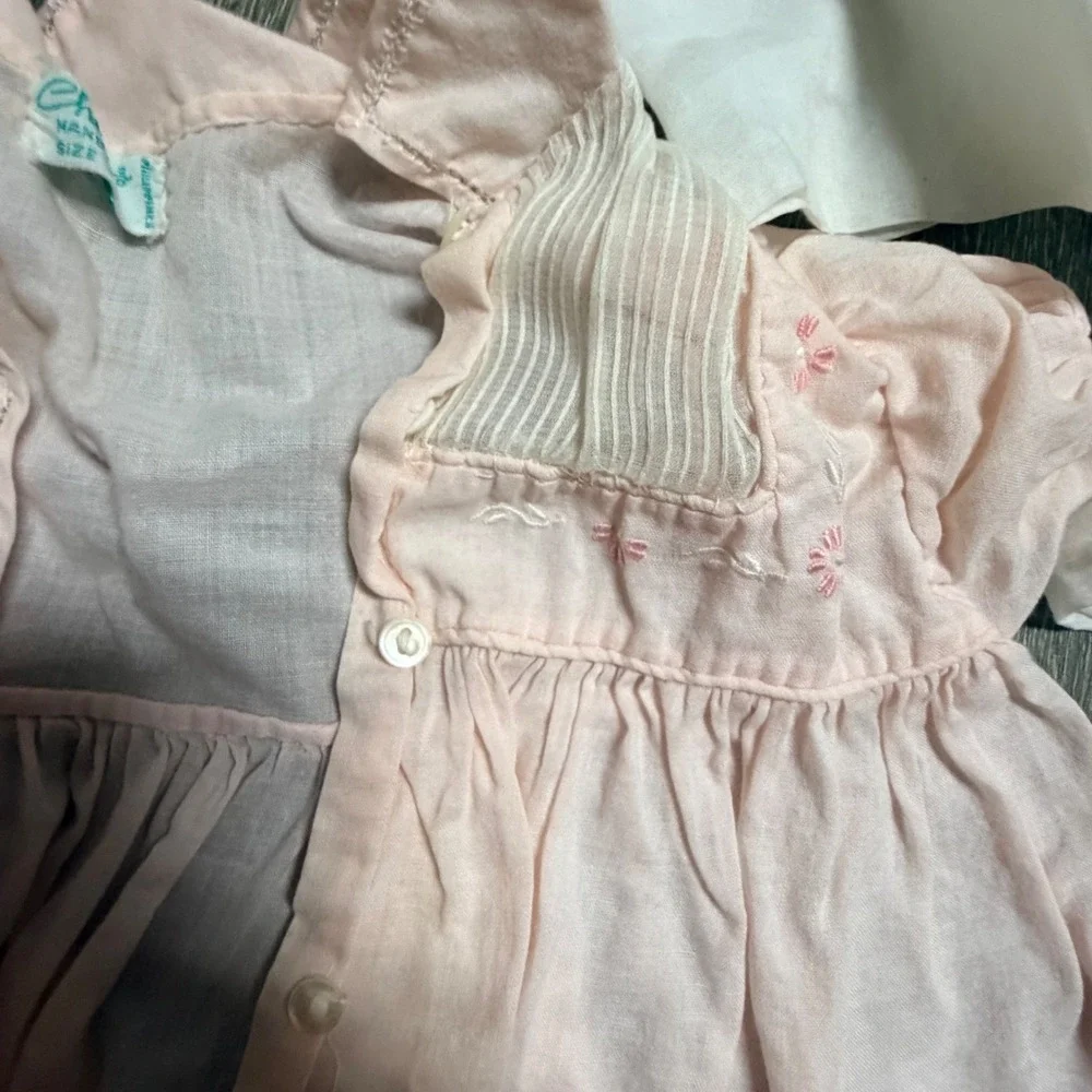 Vintage Cherubs Handmade Baby Dress and Pinafore Set Pink Embroidered Size L